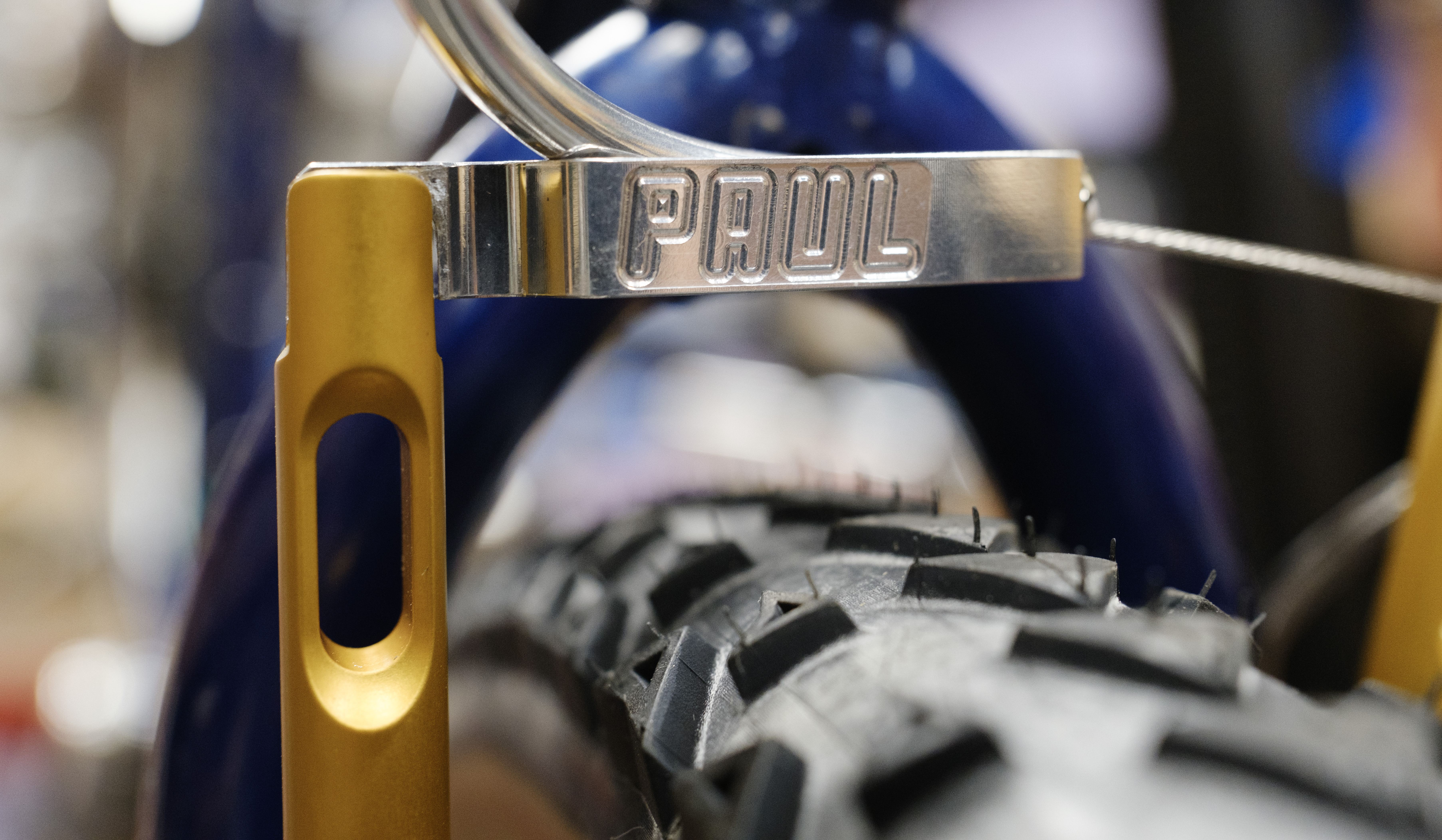 A close up of the PAUL brake noodle sitting over the triangular tire knobs.