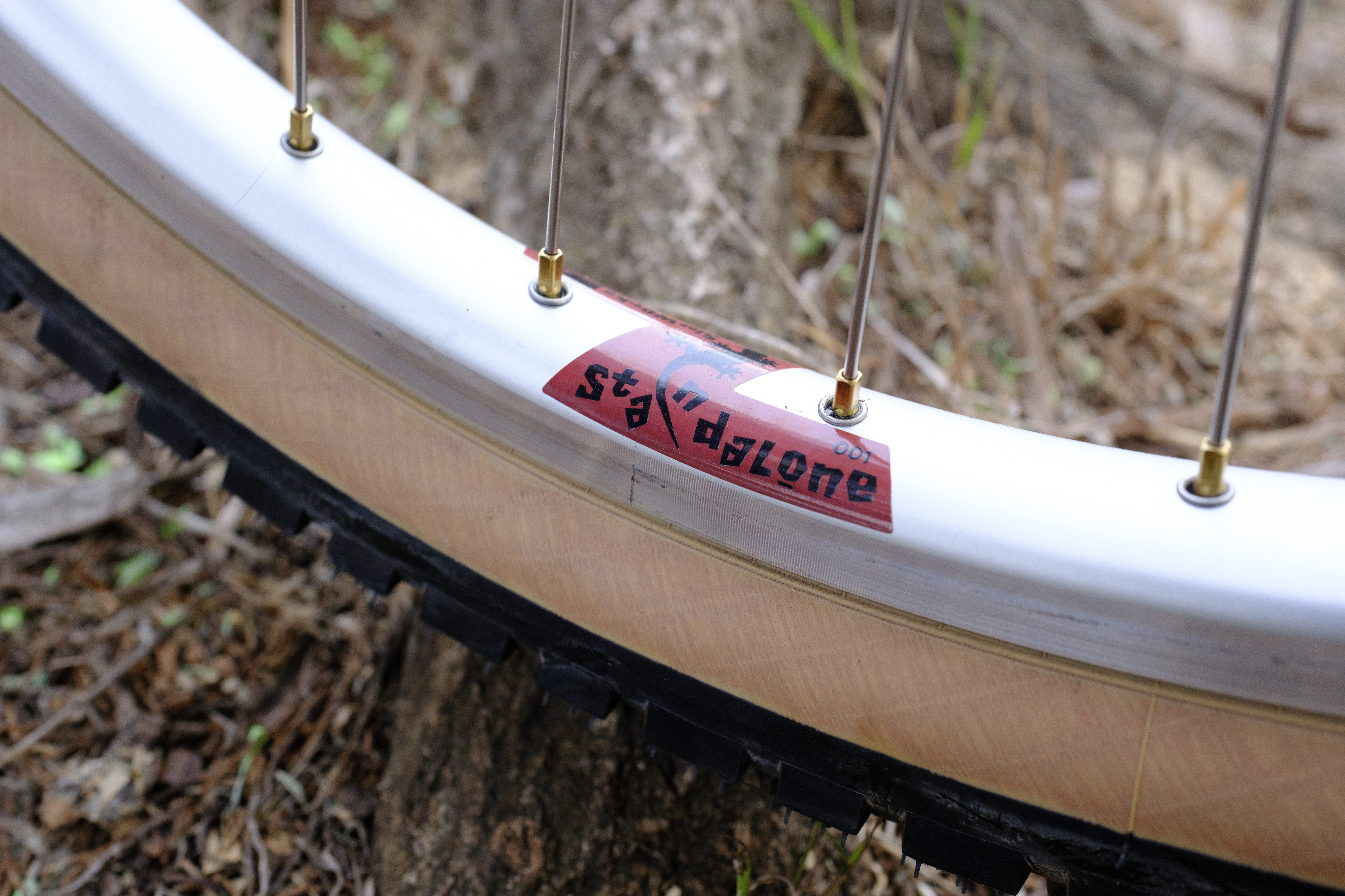 A close-up of the SimWorks Standalone 001 rim logo with brass spoke nipples and a black-and-tan tire.