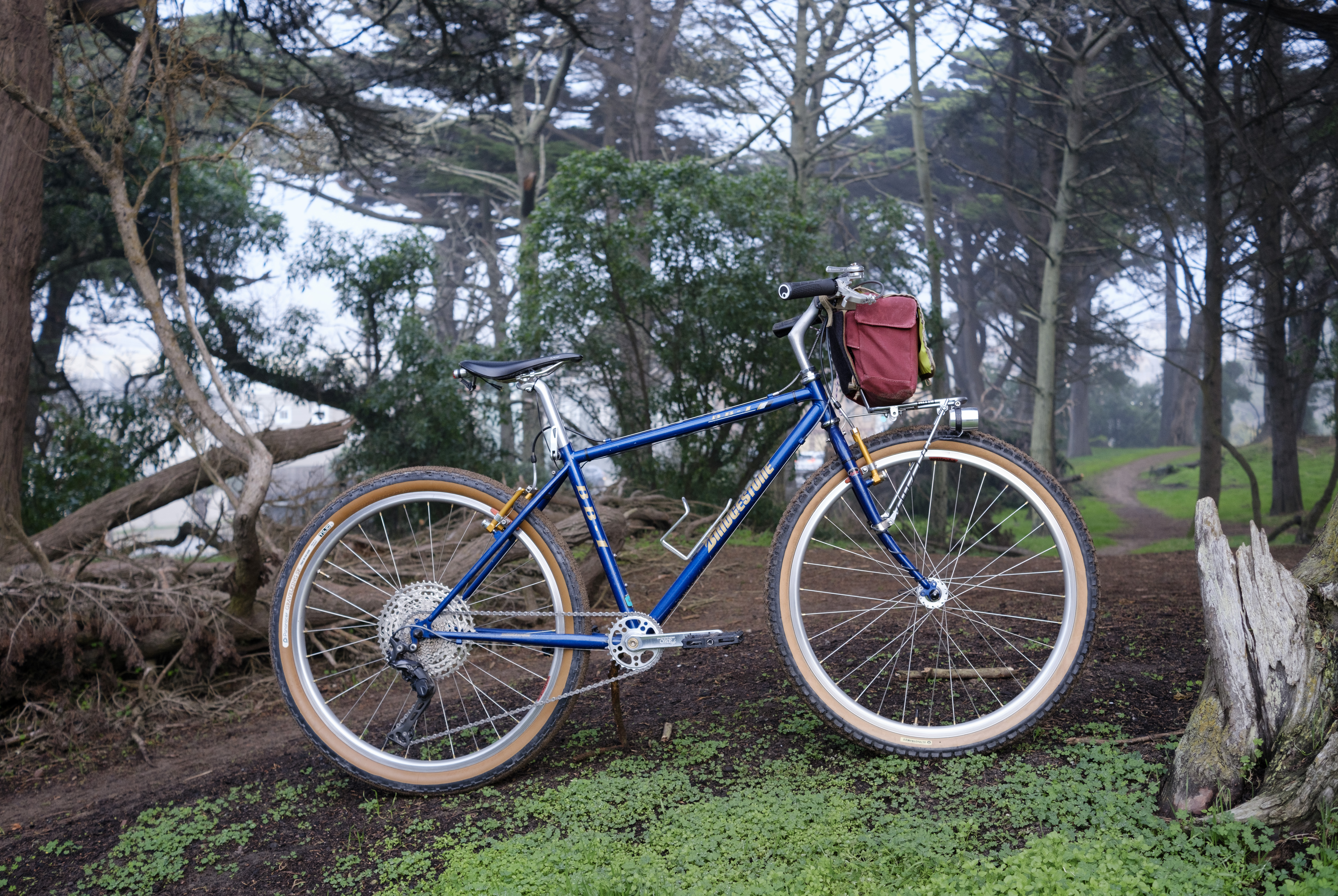 A blue and gold bicycle propped up with a stick in a misty forest. The bike has a dark tanwall rear tire and a medium tanwall front tire. There are silver cranks and a silver front rack with a burgundy bag.