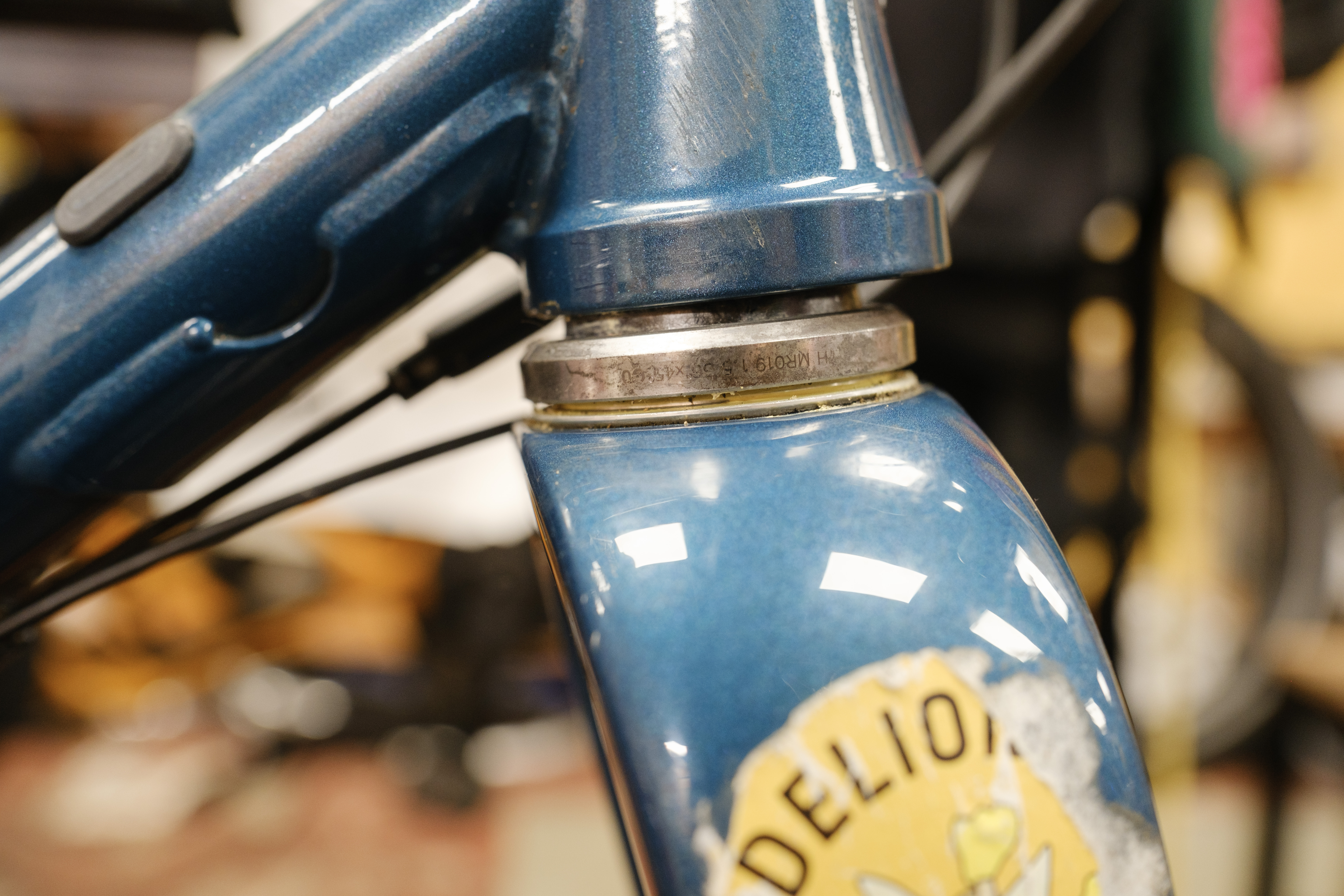 A close up of the lower headset bearing sitting on the crown race of a blue fork sligtly removed from a bike.