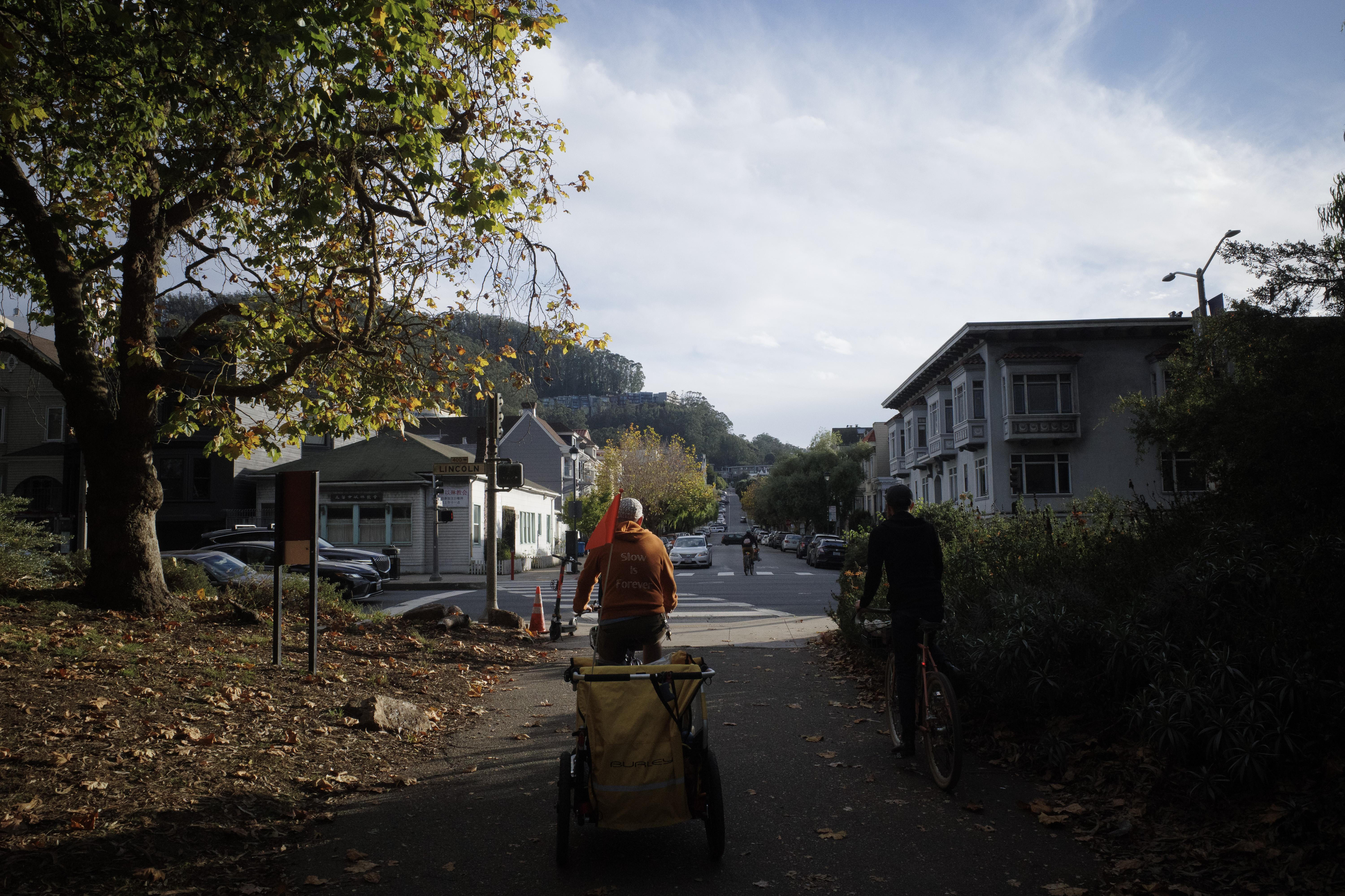 Jerry and Ben riding out of Golden Gate Park towards the intersection