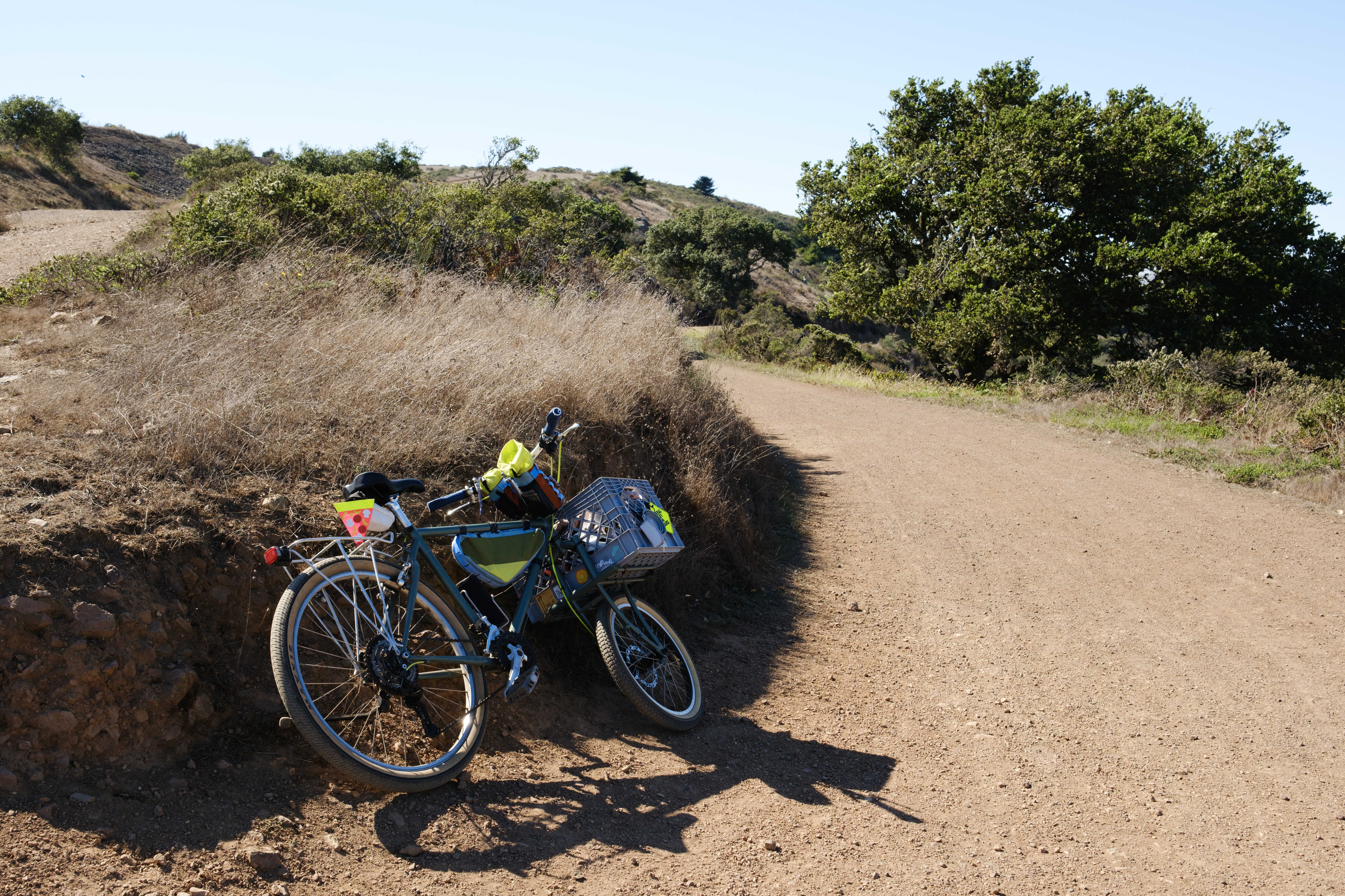 A vintage mountain bike with a Clydesdale cargo fork leaning against a junction in the trail.